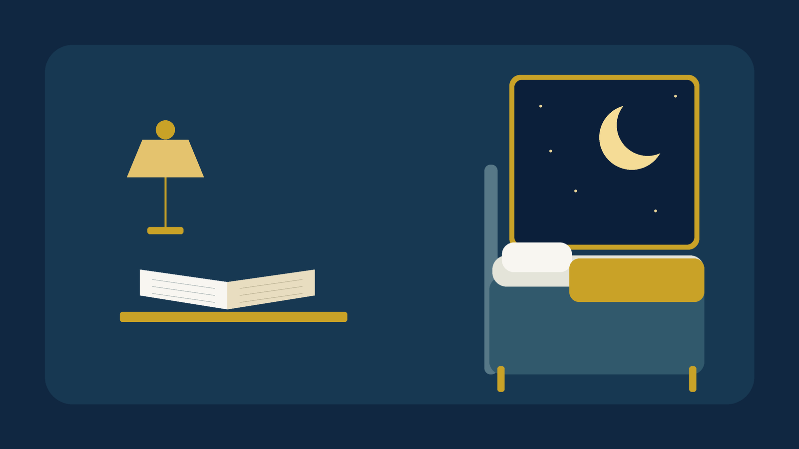 Symbolische Illustration: ruhiges Zimmer mit Mond, Bett und aufgeschlagenem Buch