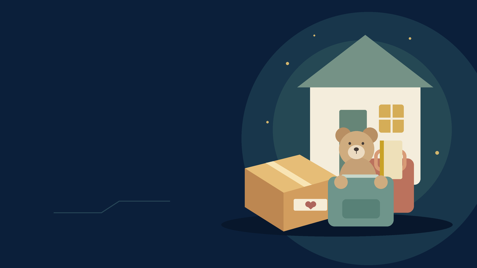 Symbolische Illustration: neue Wohnung, Umzugskarton und eine Tasche mit Teddy und Buch