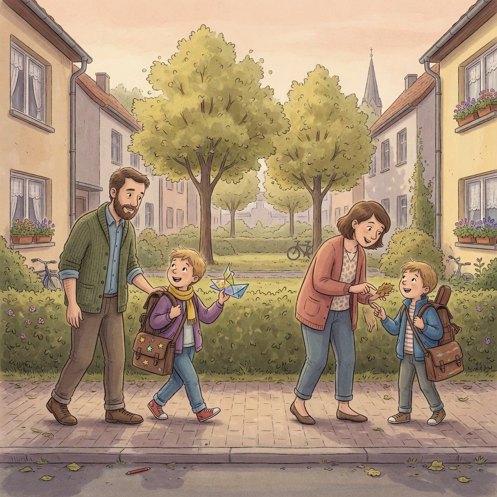 Illustration zweier gleichwertig fürsorglicher Eltern-Kind-Paare