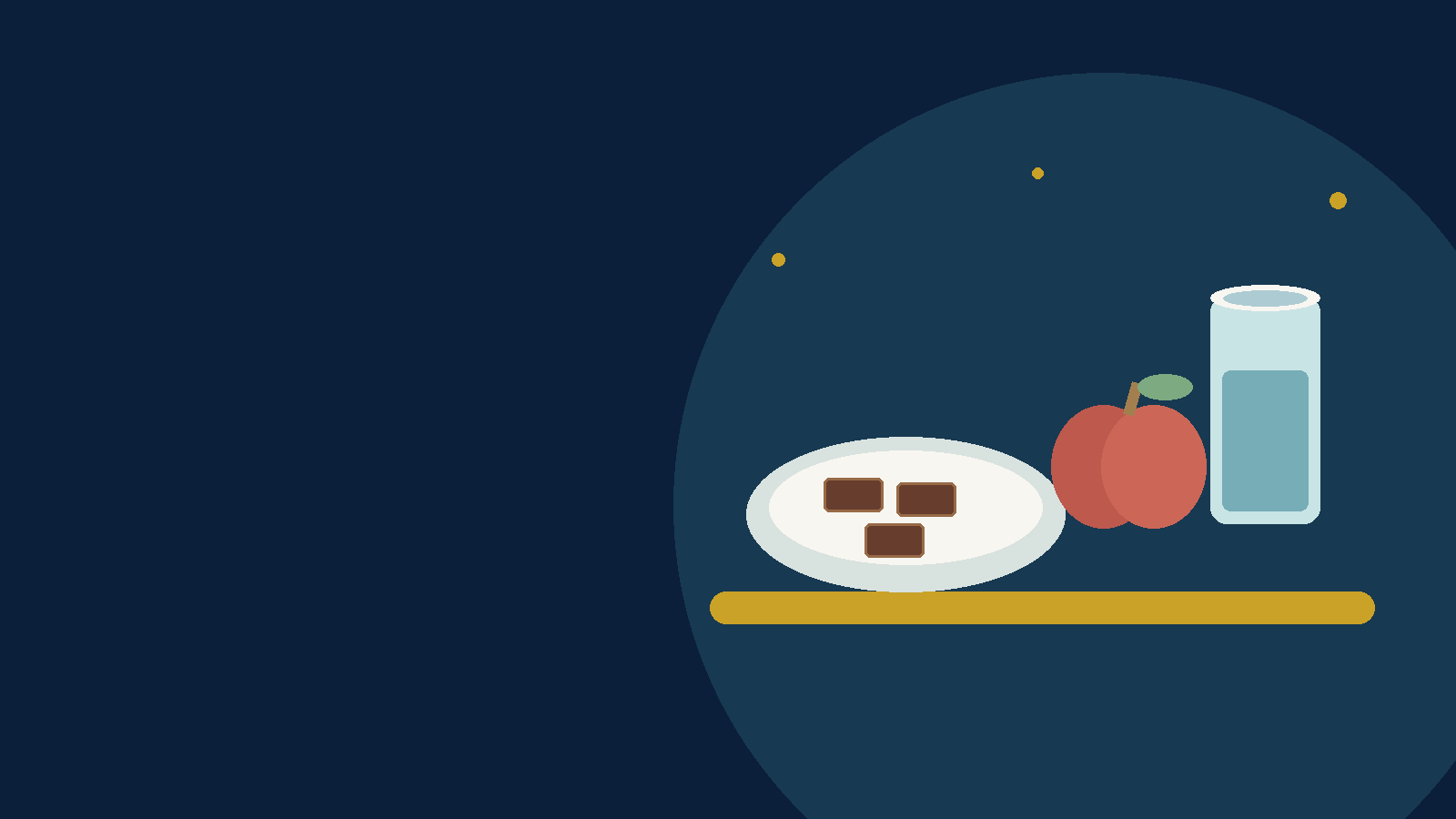 Symbolische Illustration: kleiner Teller mit Schokolade, Apfel und Wasserglas
