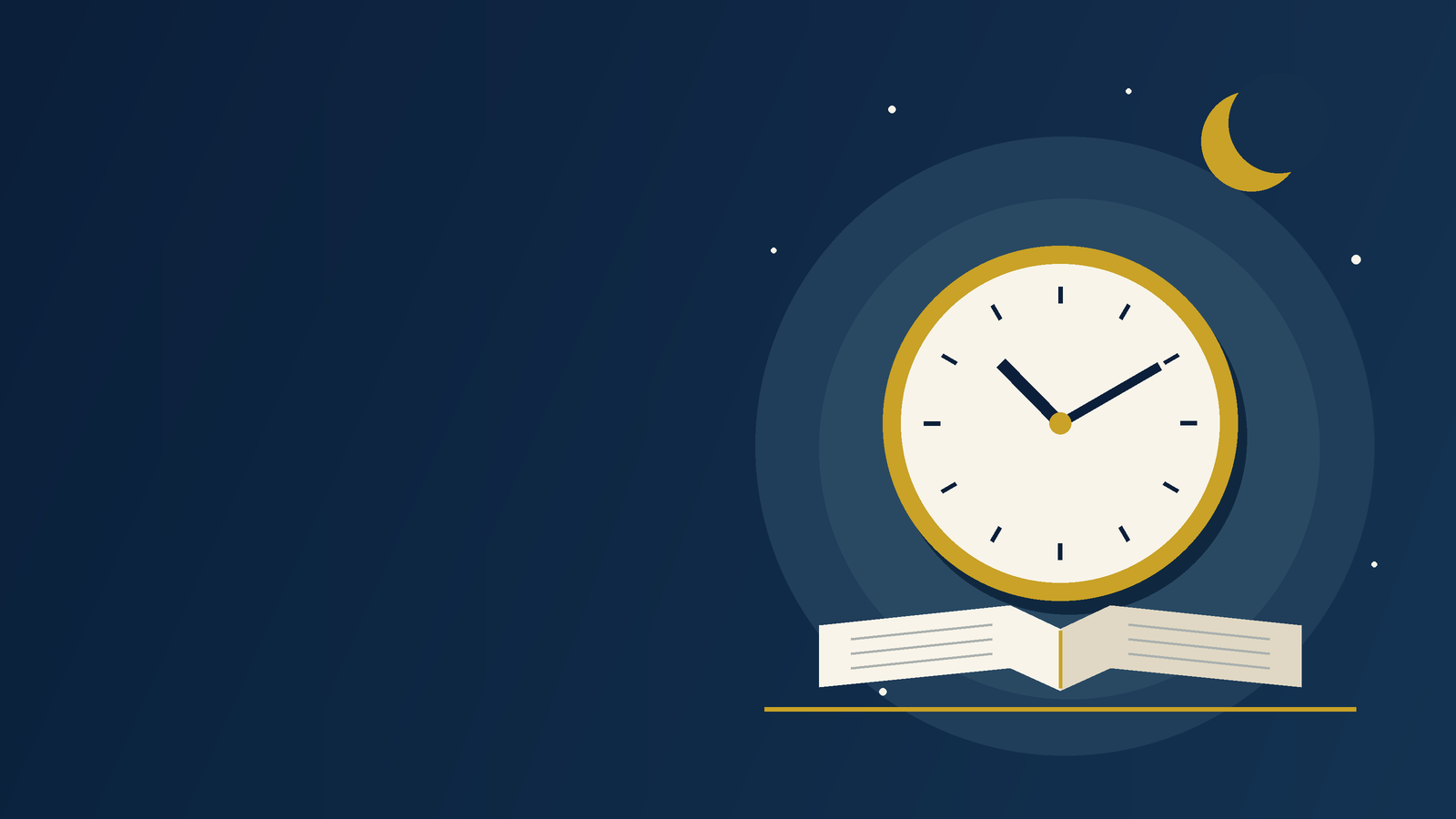 Symbolische Illustration: Uhr, Mond und aufgeschlagenes Buch